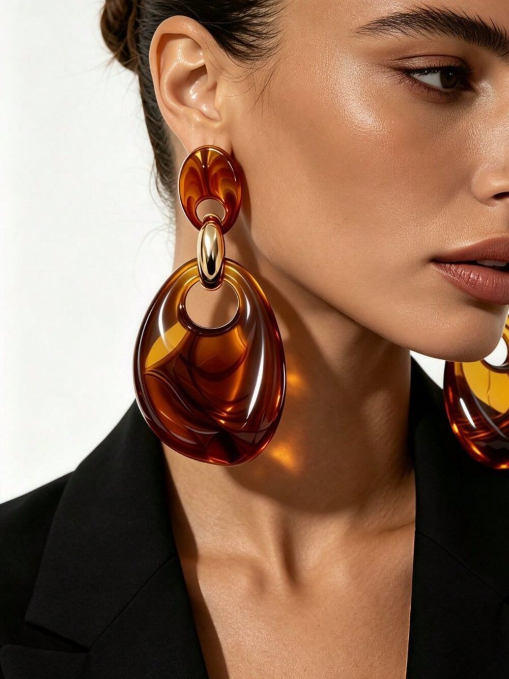 Women's statement Tortoise Shell Asymmetrical Oval Long Dangle earrings - Picture 2 of 4